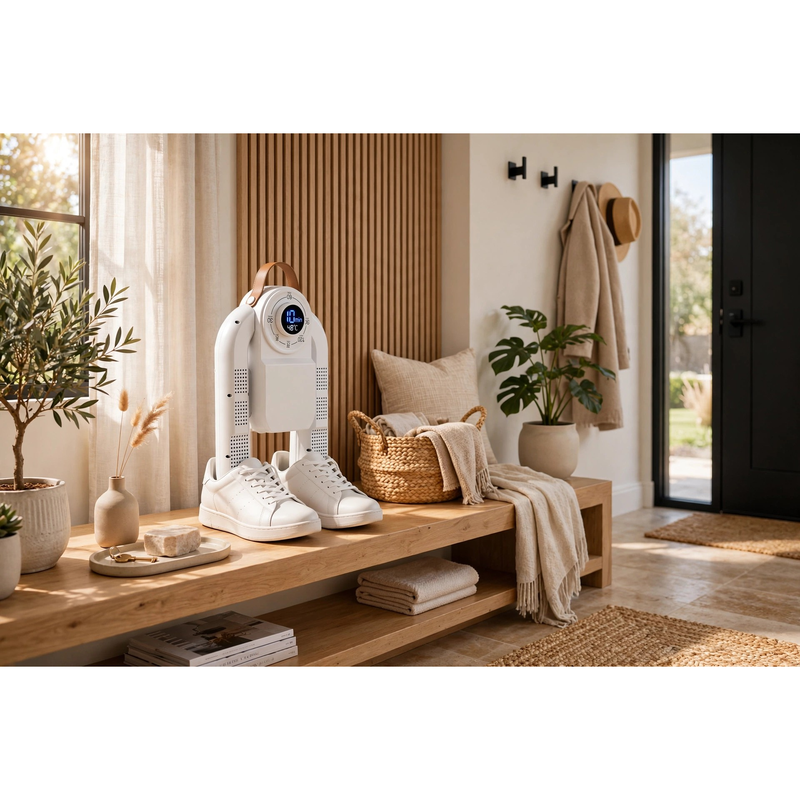 exclusive Antosun Footwear Dryer Odor Eliminator for Shoes, Equipped with Timer, Glove Dryer for Boxing, Collapsible, Suitable for Ski Boots, Socks, And Sneakers, Color: White, Without Battery 8 A folded white odor eliminator for shoes resting on a wooden bench above white sneakers inside a sunlit entryway.