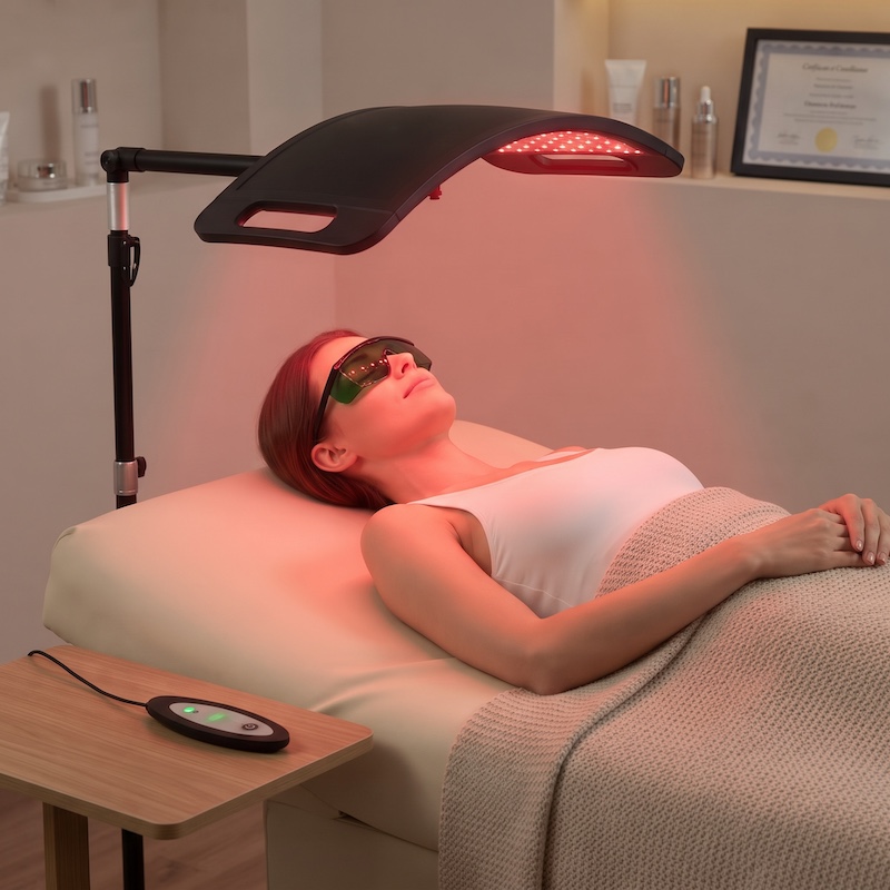 A client lies on a treatment table relaxing under the glow of a professional Red Light Therapy Lamp.