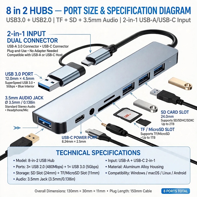 exclusive 1 8-In-1 USB C Hub with Audio Jack | Compatible with Tablets, USB Powered, 5V Operating Voltage 14 Technical specification diagram labeling every port, dimension, and feature of the 8-In-1 USB C Hub with Audio Jack.
