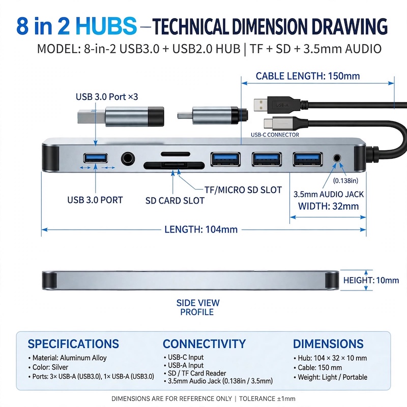 exclusive 1 8-In-1 USB C Hub with Audio Jack | Compatible with Tablets, USB Powered, 5V Operating Voltage 13 Technical blueprint layout displaying the exact length, width, height, and cable specifications of the 8-In-1 USB C Hub with Audio Jack.