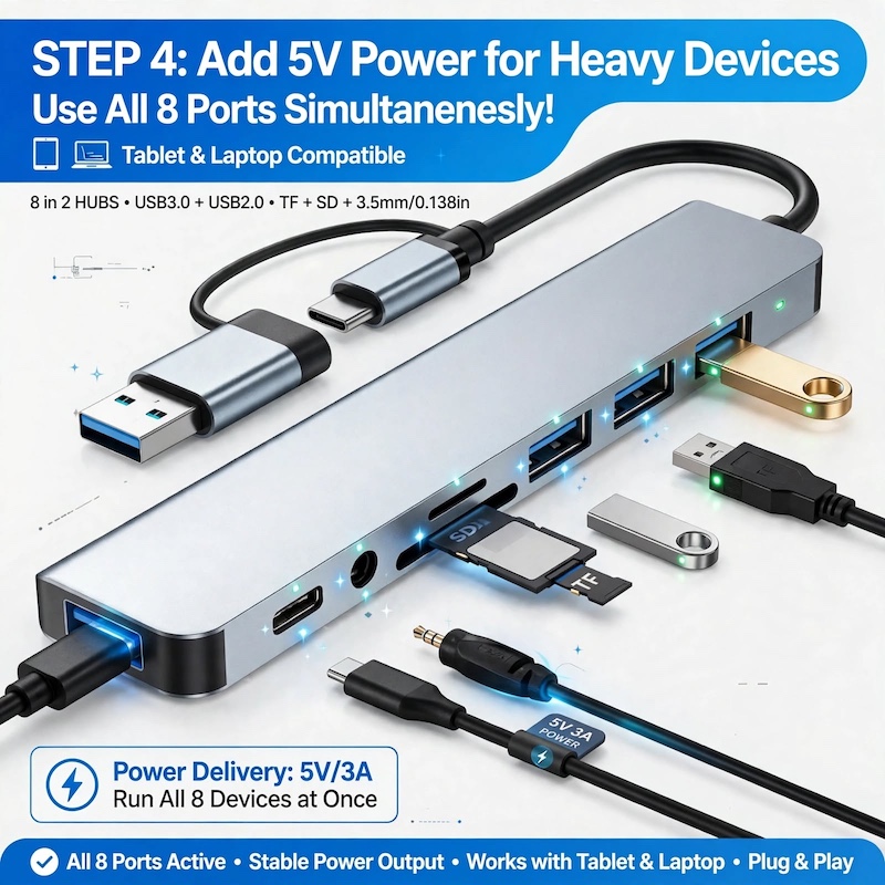 exclusive 1 8-In-1 USB C Hub with Audio Jack | Compatible with Tablets, USB Powered, 5V Operating Voltage 12 Infographic explaining Step 4: plugging in 5V power supply to run heavy power devices simultaneously on the 8-In-1 USB C Hub with Audio Jack.