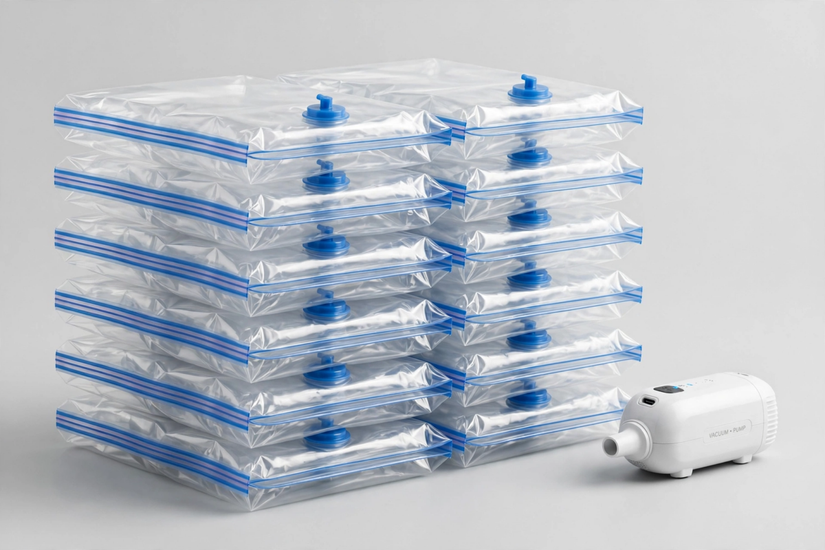 Vacuum Storage Bags 16pcs Vacuum Compression Bags with Electric Pump, (7 Small, 6 Medium, 3 Large)Vacuum Seal Storage Bags Space Saver Travel Size for Storage for Luggage, Vacuum Storage Bags for Clothes, Bedding, Pillows, Quilts, Blankets 4 A neatly packed suitcase on a bed containing clothes compressed inside Vacuum Storage Bags, next to travel accessories and a white electric pump.