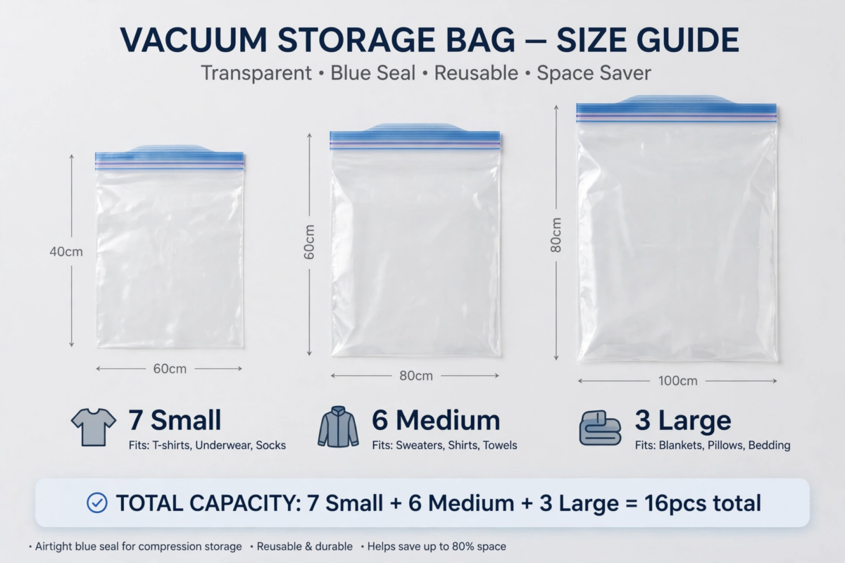 Vacuum Storage Bags 16pcs Vacuum Compression Bags with Electric Pump, (7 Small, 6 Medium, 3 Large)Vacuum Seal Storage Bags Space Saver Travel Size for Storage for Luggage, Vacuum Storage Bags for Clothes, Bedding, Pillows, Quilts, Blankets 5 A visual size guide for Vacuum Storage Bags showing dimensions and capacity for 7 small, 6 medium, and 3 large bags, totaling 16 pieces.