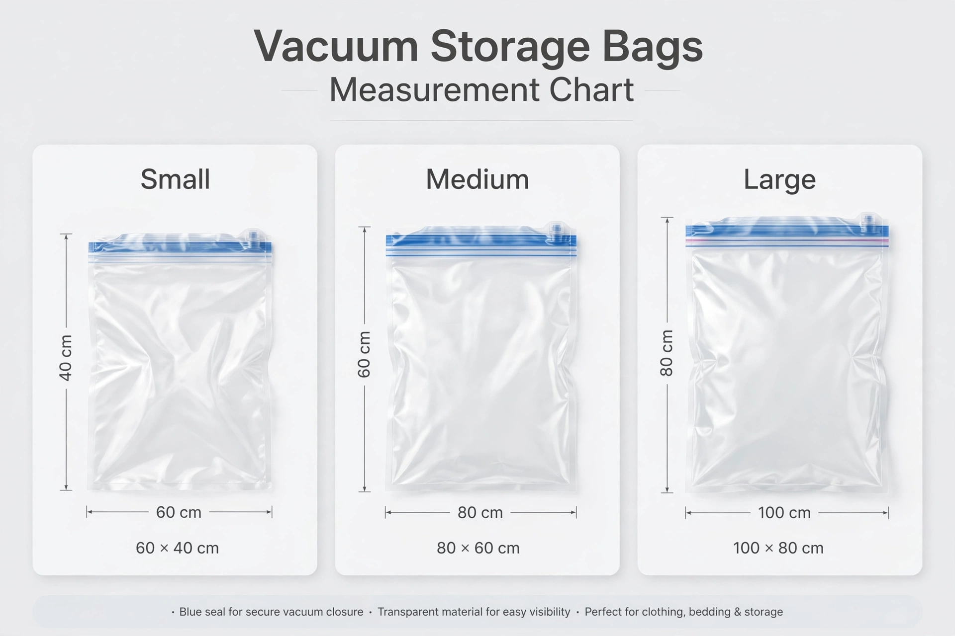 Vacuum Storage Bags 16pcs Vacuum Compression Bags with Electric Pump, (7 Small, 6 Medium, 3 Large)Vacuum Seal Storage Bags Space Saver Travel Size for Storage for Luggage, Vacuum Storage Bags for Clothes, Bedding, Pillows, Quilts, Blankets 10 A measurement chart displaying the exact dimensions of small (60x40 cm), medium (80x60 cm), and large (100x80 cm) Vacuum Storage Bags.