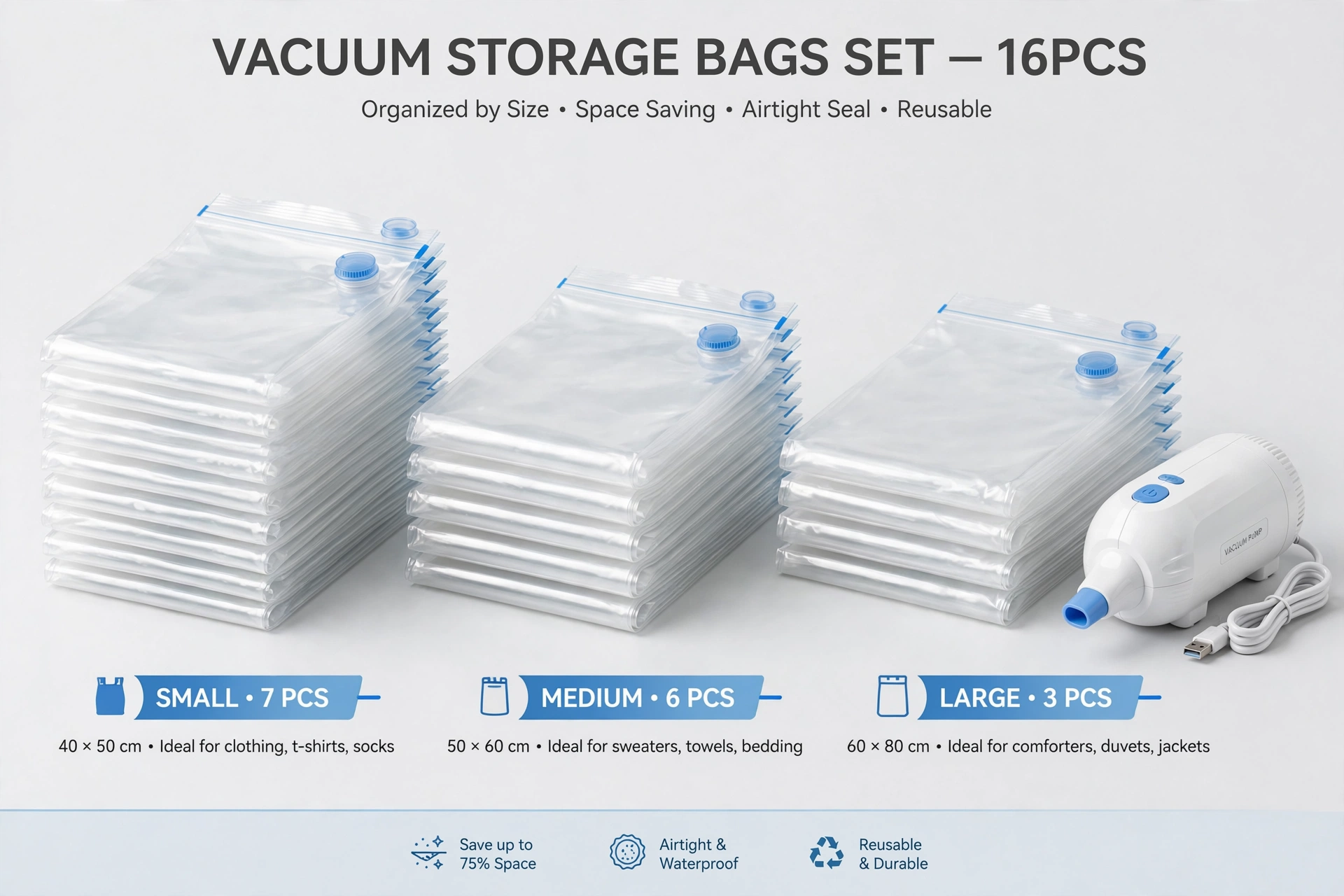 Vacuum Storage Bags 16pcs Vacuum Compression Bags with Electric Pump, (7 Small, 6 Medium, 3 Large)Vacuum Seal Storage Bags Space Saver Travel Size for Storage for Luggage, Vacuum Storage Bags for Clothes, Bedding, Pillows, Quilts, Blankets 9 Three organized stacks of Vacuum Storage Bags categorized by small, medium, and large sizes, displayed next to an electric vacuum pump.