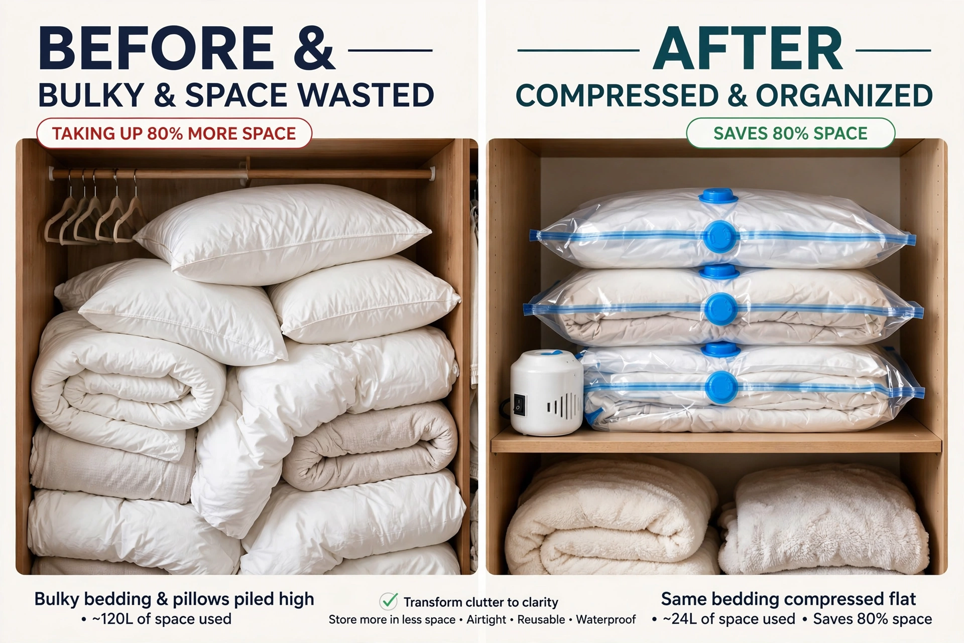 Vacuum Storage Bags 16pcs Vacuum Compression Bags with Electric Pump, (7 Small, 6 Medium, 3 Large)Vacuum Seal Storage Bags Space Saver Travel Size for Storage for Luggage, Vacuum Storage Bags for Clothes, Bedding, Pillows, Quilts, Blankets 8 A side-by-side comparison of a closet shelf showing bulky bedding taking up space on the left, and the same bedding compressed flat using Vacuum Storage Bags on the right.