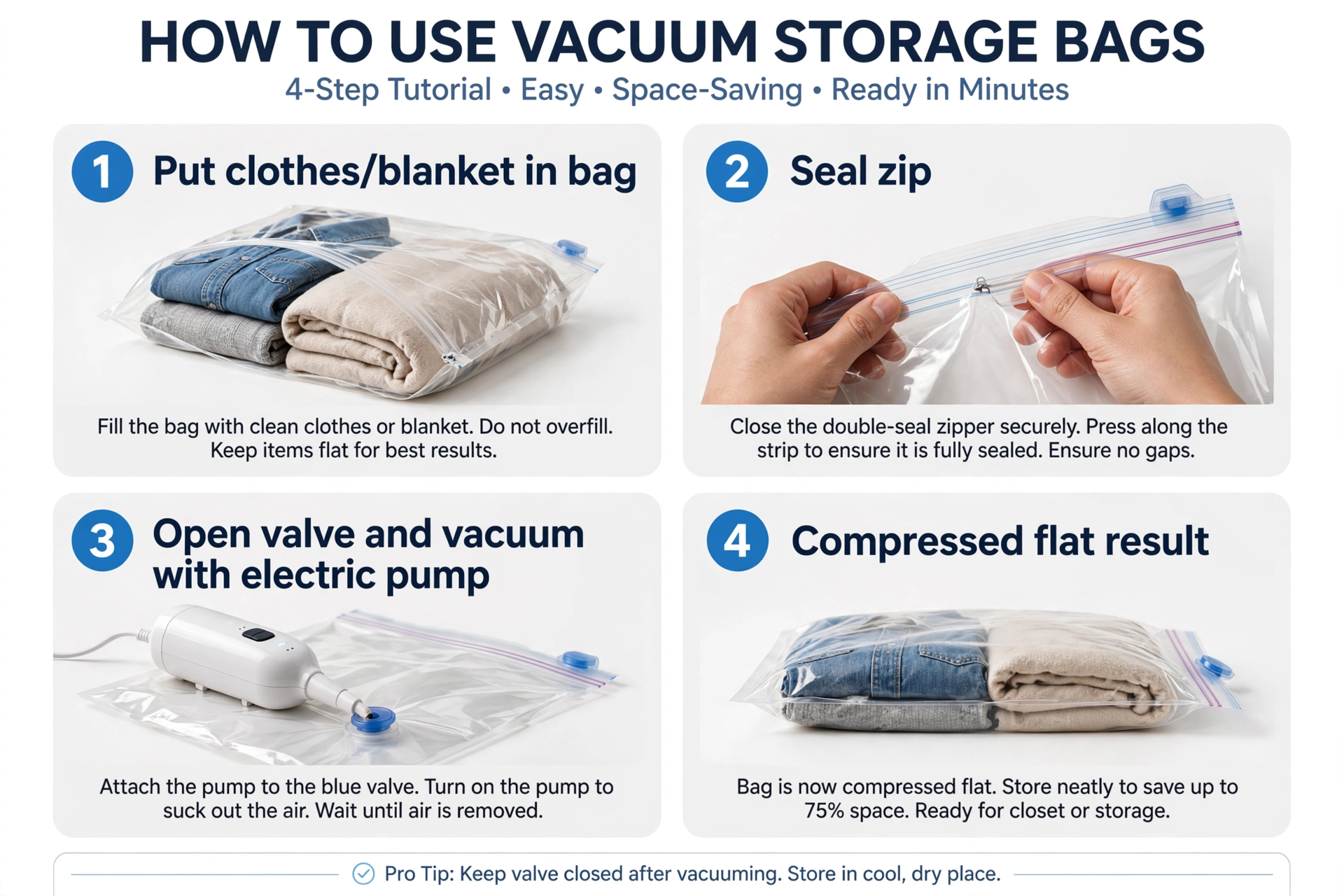 Vacuum Storage Bags 16pcs Vacuum Compression Bags with Electric Pump, (7 Small, 6 Medium, 3 Large)Vacuum Seal Storage Bags Space Saver Travel Size for Storage for Luggage, Vacuum Storage Bags for Clothes, Bedding, Pillows, Quilts, Blankets 6 An instructional graphic detailing how to use Vacuum Storage Bags in four steps: packing, zipping securely, vacuuming with an electric pump, and the final compressed result.