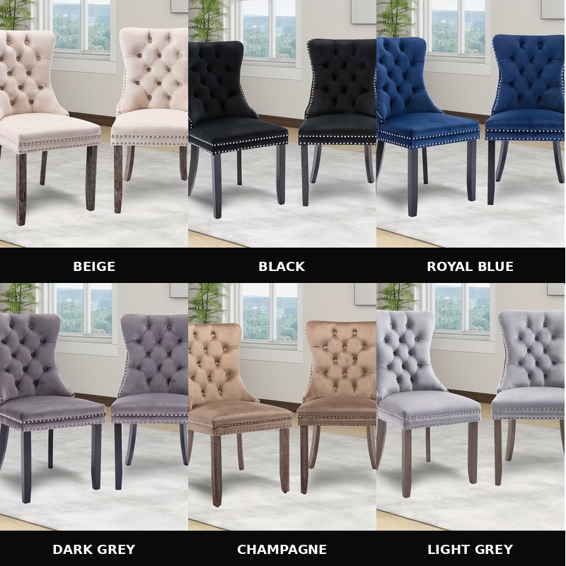 A grid layout displaying all available shades—beige, black, royal blue, dark grey, champagne, and light grey—for the velvet upholstered dining chairs set.