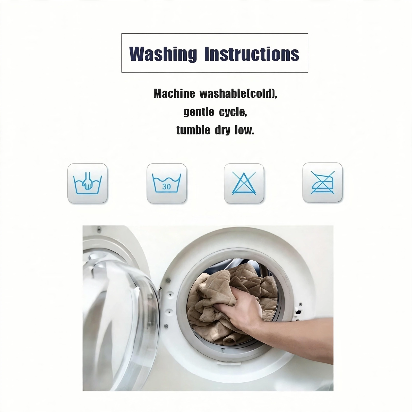comfortable 1pc Velvet Recliner Chair Cover, Non-slip Recliner Slipcover Sofa Cover, Plush Recliner Cover, For Living Room Office Home Decor 12 Washing instructions infographic featuring care icons and a hand placing the Velvet Recliner Chair Cover into a washing machine