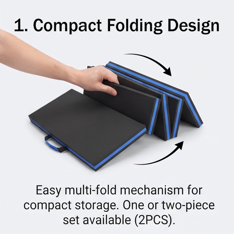 1/2pcs EVA Car Repair Work Mat - Foldable, Lightweight, Insulated, High Quality, Multi-purpose Mat, Suitable for Outdoor Repairs, Camping, Hiking - 1145mm X 400mm X 30mm, Portable Ergonomic Design, Durable EVA Material Mat, Multi-functional. 44 An illustrated hand demonstrates how to fold the black and blue accordion-style Car Repair Work Mat, showing it transition from a long pad to a compact block, with text confirming the 2pcs set option.