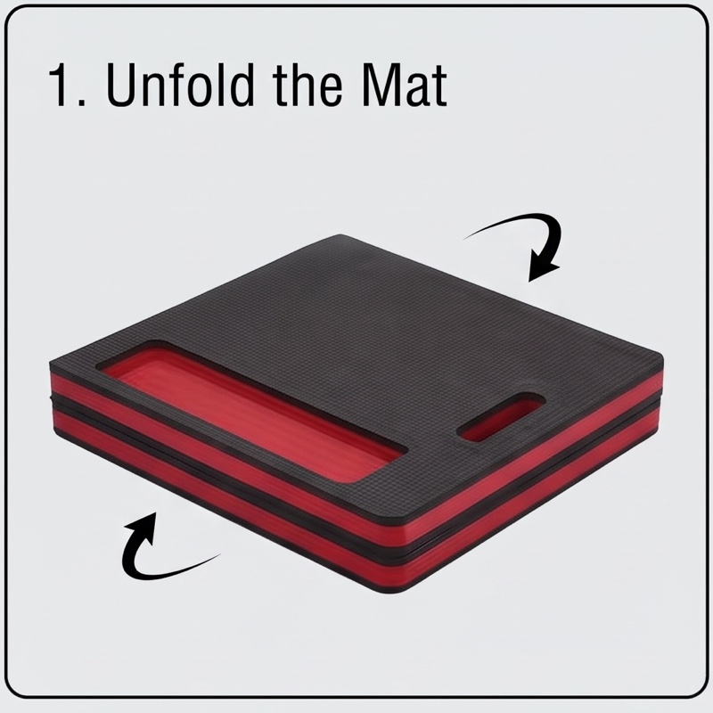 1/2pcs EVA Car Repair Work Mat - Foldable, Lightweight, Insulated, High Quality, Multi-purpose Mat, Suitable for Outdoor Repairs, Camping, Hiking - 1145mm X 400mm X 30mm, Portable Ergonomic Design, Durable EVA Material Mat, Multi-functional. 40 An illustration demonstrating the first step of unfolding the compact, folded red storage block mat, with arrows indicating the opening motion.