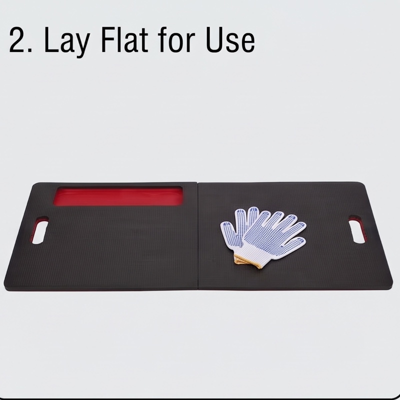 1/2pcs EVA Car Repair Work Mat - Foldable, Lightweight, Insulated, High Quality, Multi-purpose Mat, Suitable for Outdoor Repairs, Camping, Hiking - 1145mm X 400mm X 30mm, Portable Ergonomic Design, Durable EVA Material Mat, Multi-functional. 41 The fully unfolded black and red kneeling mat laid flat on a neutral surface, with the pair of gloves placed on top.