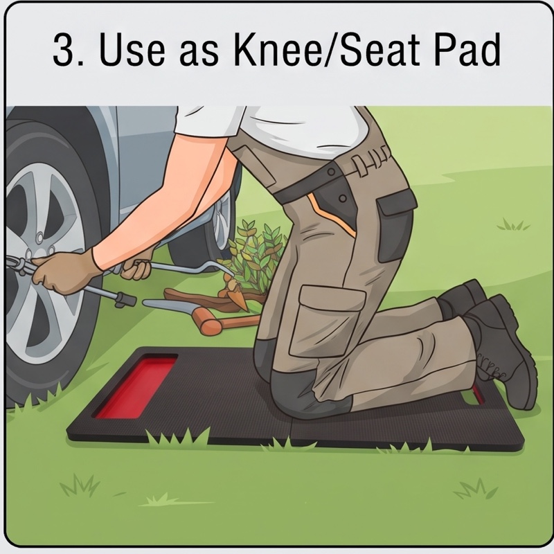 1/2pcs EVA Car Repair Work Mat - Foldable, Lightweight, Insulated, High Quality, Multi-purpose Mat, Suitable for Outdoor Repairs, Camping, Hiking - 1145mm X 400mm X 30mm, Portable Ergonomic Design, Durable EVA Material Mat, Multi-functional. 42 An illustrated person in work coveralls kneeling comfortably on the unfolded mat next to a car tire, using a lug wrench.