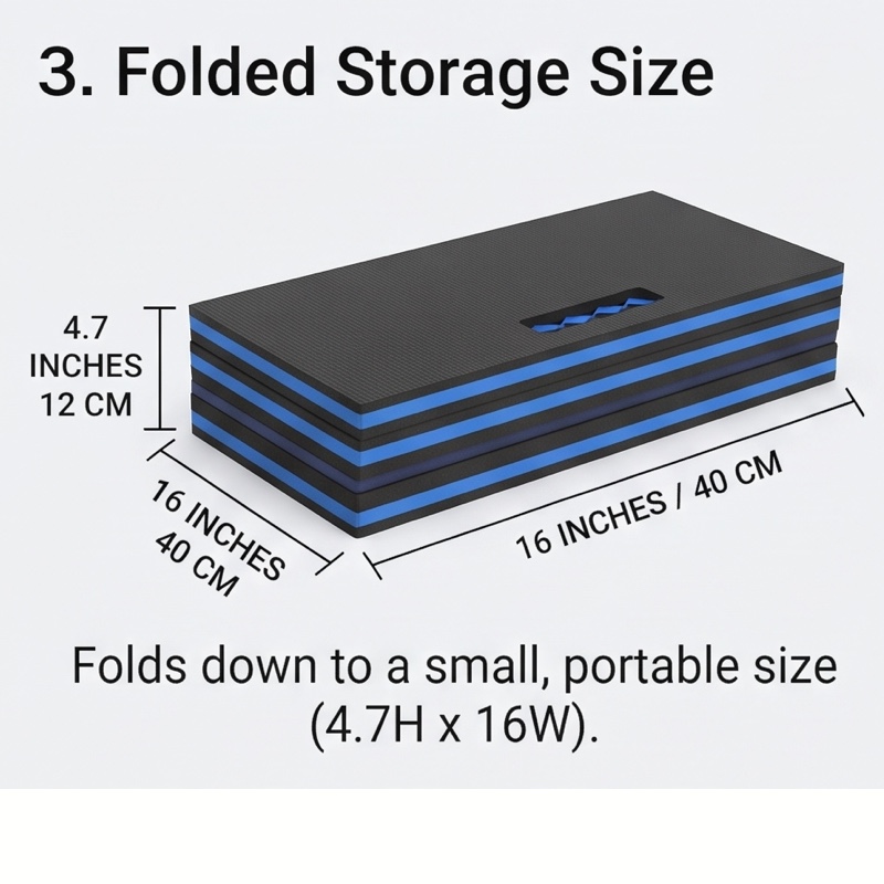 1/2pcs EVA Car Repair Work Mat - Foldable, Lightweight, Insulated, High Quality, Multi-purpose Mat, Suitable for Outdoor Repairs, Camping, Hiking - 1145mm X 400mm X 30mm, Portable Ergonomic Design, Durable EVA Material Mat, Multi-functional. 46 A technical diagram showing the folded dimensions (height: 4.7 inches / 12 cm, width: 16 inches / 40 cm) of the black and blue portable Car Repair Work Mat block.