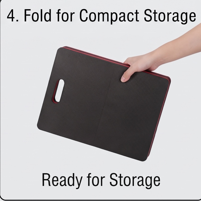 1/2pcs EVA Car Repair Work Mat - Foldable, Lightweight, Insulated, High Quality, Multi-purpose Mat, Suitable for Outdoor Repairs, Camping, Hiking - 1145mm X 400mm X 30mm, Portable Ergonomic Design, Durable EVA Material Mat, Multi-functional. 43 A hand holds the folded, compact black and red mat by its integrated handle, demonstrating its portability.