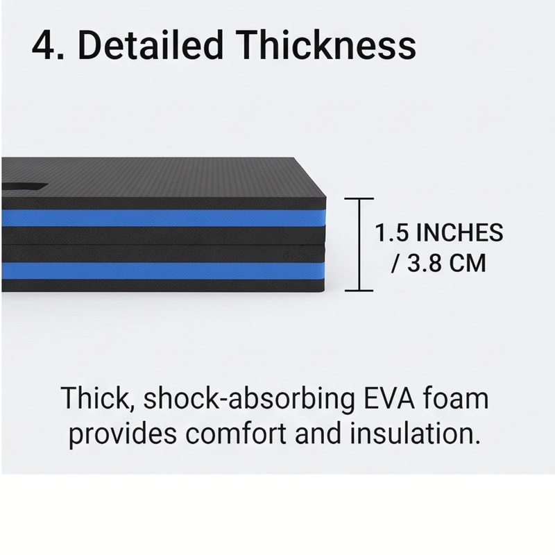 1/2pcs EVA Car Repair Work Mat - Foldable, Lightweight, Insulated, High Quality, Multi-purpose Mat, Suitable for Outdoor Repairs, Camping, Hiking - 1145mm X 400mm X 30mm, Portable Ergonomic Design, Durable EVA Material Mat, Multi-functional. 47 A close-up, side-profile view of the layered black and blue Car Repair Work Mat, with measurement lines indicating a total thickness of 1.5 inches (3.8 cm), and text highlighting the shock-absorbing EVA foam.