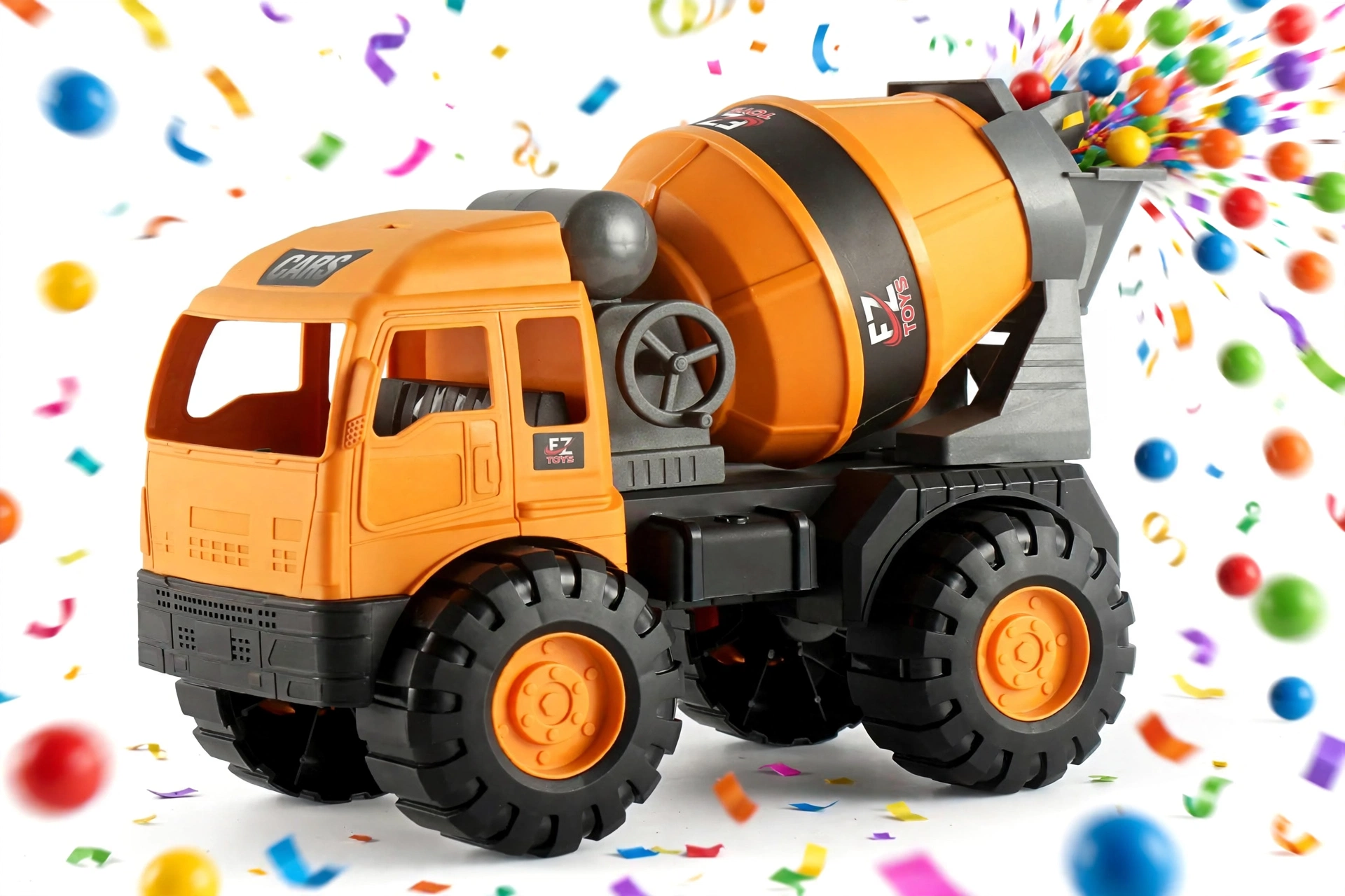 Back to School New Semester Excavator Toy Car Large Engineering Vehicle Set Dumper Truck Cement Mixer Excavator Crane 6 An orange and gray cement mixer toy, similar to an excavator toy car large, surrounded by festive colorful confetti and bouncing balls on a white background.