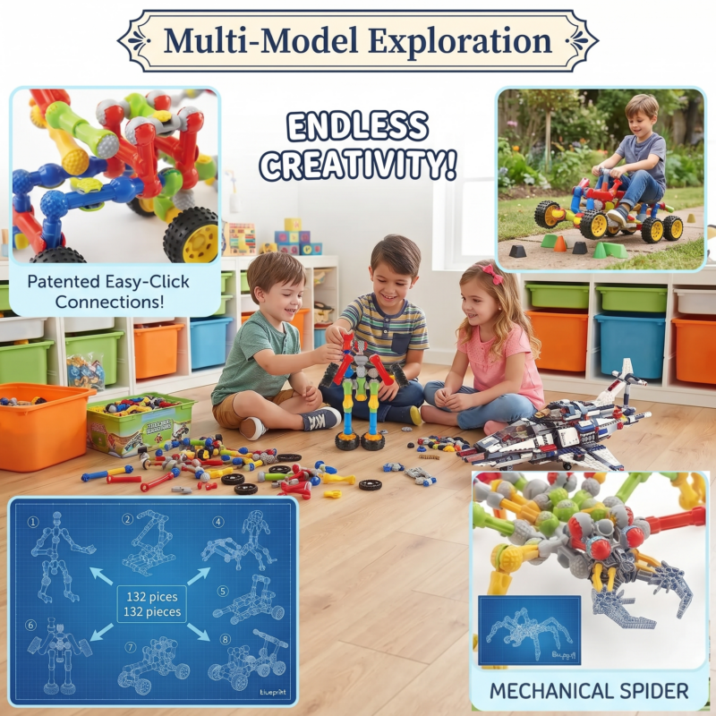 132pcs Kids STEM Building Toys for 3+ Year Old Boy Girl Birthday Gift, Educational Building Blocks Stem Kits Activities Engineering Creative Games, Ideal Christmas Birthday Gifts 5 Children building together in a bright playroom with Kids STEM Building Toys and mechanical spider detail