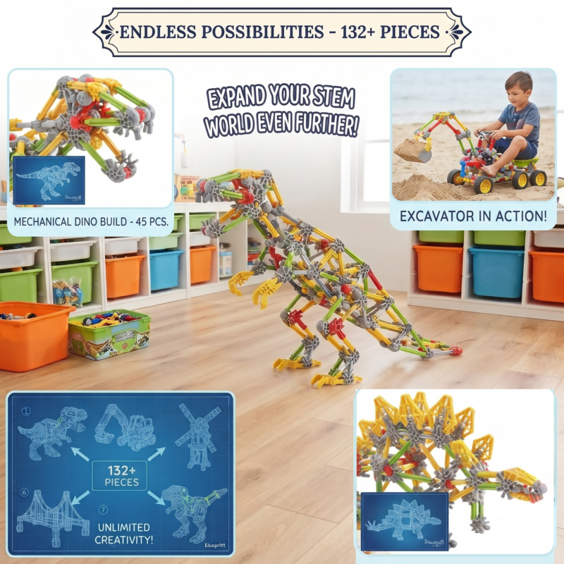 132pcs Kids STEM Building Toys for 3+ Year Old Boy Girl Birthday Gift, Educational Building Blocks Stem Kits Activities Engineering Creative Games, Ideal Christmas Birthday Gifts 6 Large mechanical T-Rex model built with Kids STEM Building Toys and excavator toy in sandbox