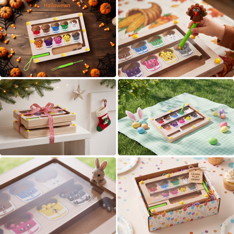 Color Sorting Maze Wooden Number and Color Counting Board Puzzle, Fine Motor Skills Toy, Cute Birthday Gift for Boys and Girls, Halloween/Thanksgiving/Christmas/Easter Gift 5 A composite image of six scenes showing the wooden color sorting maze toy used in different themes: Halloween, Thanksgiving, Christmas, Easter, Gift Box, and Macro.