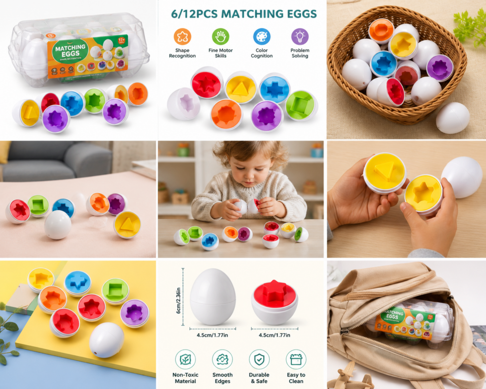 6/12pcs Pieces Plastic Egg Shape Sorting & Matching Puzzle - Egg Cell Suitable for Preschool Shape Recognition, Fine Motor Skills Activity for Boys & Girls, Travel-Friendly Egg Classificatory Games 2 Clear plastic carton holding 6 pieces Plastic Egg Shape Sorting toys, some eggs are split open to reveal colored geometric shapes.
