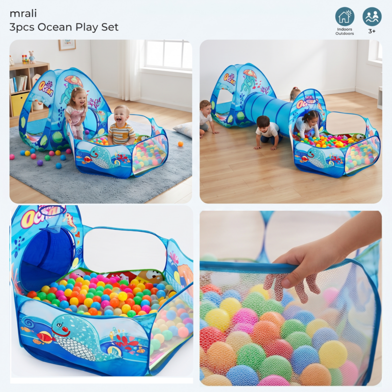 Blue Ocean 3pcs Kids Ball Pool, Suitable for Indoor and Outdoor Children's Play Tents, Themed Playhouses, Family Gatherings, and Crawling Practice. Ideal for Boys and Girls, Includes a Storage Bag. Perfect for Birthdays and Holidays as a Gift. Balls 6 A graphic displaying children using the Blue Ocean 3pcs Kids Ball Pool with text listing educational benefits.