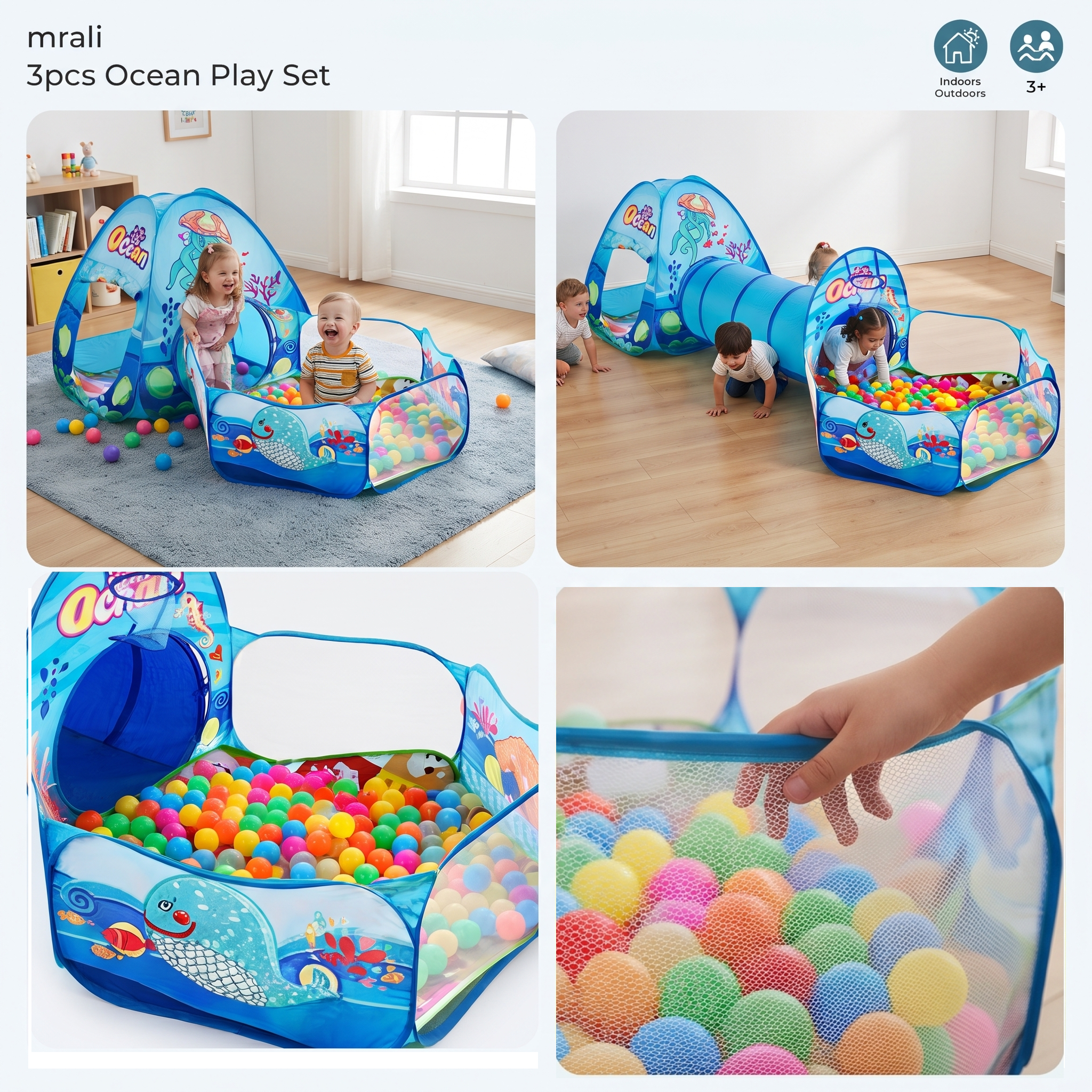 Blue Ocean 3pcs Kids Ball Pool, Suitable for Indoor and Outdoor Children's Play Tents, Themed Playhouses, Family Gatherings, and Crawling Practice. Ideal for Boys and Girls, Includes a Storage Bag. Perfect for Birthdays and Holidays as a Gift. Balls 10 A graphic displaying children using the Blue Ocean 3pcs Kids Ball Pool with text listing educational benefits.