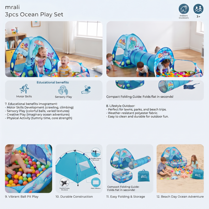 Blue Ocean 3pcs Kids Ball Pool, Suitable for Indoor and Outdoor Children's Play Tents, Themed Playhouses, Family Gatherings, and Crawling Practice. Ideal for Boys and Girls, Includes a Storage Bag. Perfect for Birthdays and Holidays as a Gift. Balls 7 A collage showing the Blue Ocean 3pcs Kids Ball Pool being used outdoors and folded for storage.