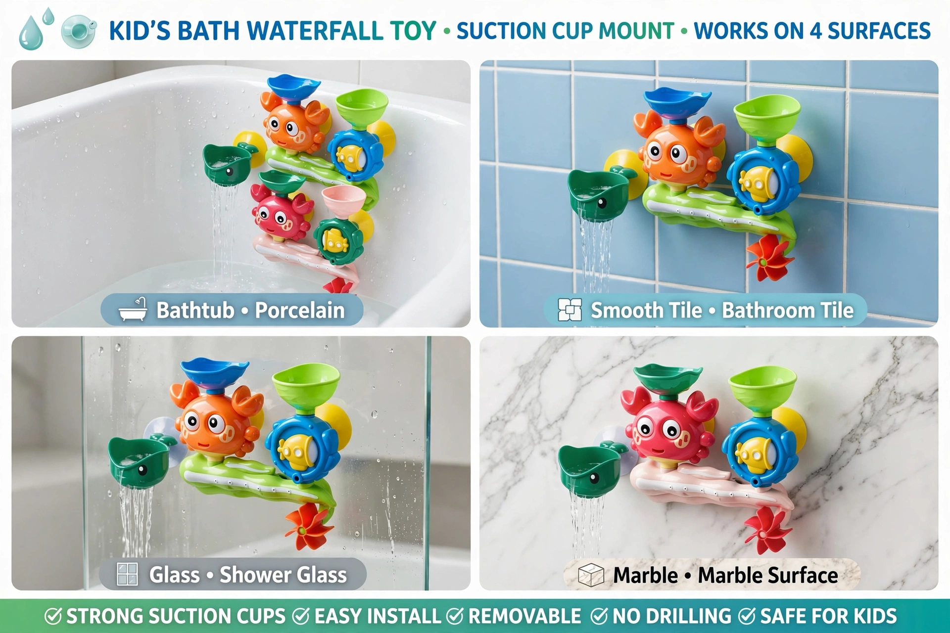 Interactive Suction Cup Bath Toy Set for Youngsters Durable ABS Material, Multi-Color Palette, Enhances Motor Skills & Playfulness 8 Four photos showing the Interactive Suction Cup Bath Toy Set attached to porcelain smooth tile shower glass and marble