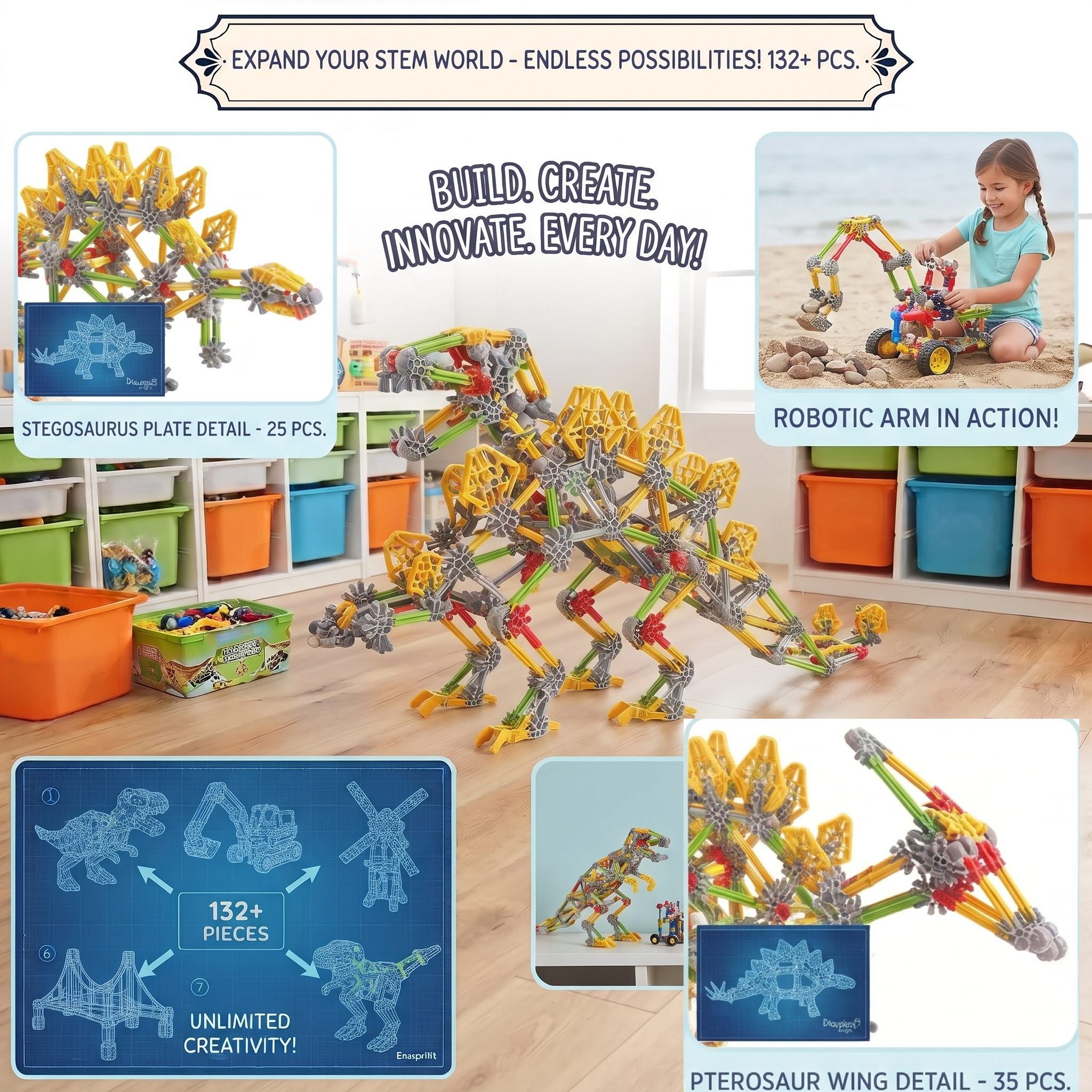 132pcs Kids STEM Building Toys for 3+ Year Old Boy Girl Birthday Gift, Educational Building Blocks Stem Kits Activities Engineering Creative Games, Ideal Christmas Birthday Gifts 11 Prehistoric dinosaur builds and robotic arm creations constructed using Kids STEM Building Toys