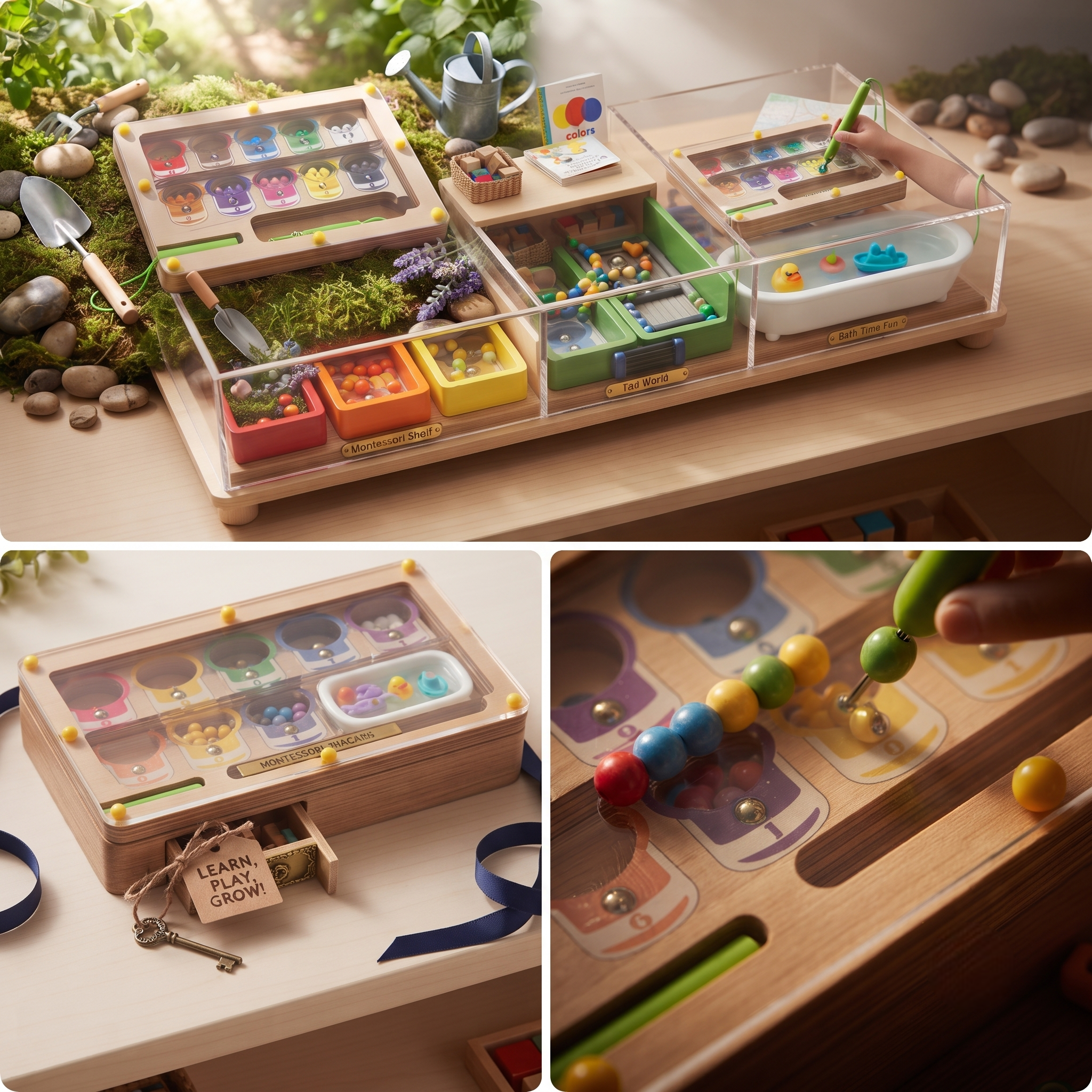 Color Sorting Maze Wooden Number and Color Counting Board Puzzle, Fine Motor Skills Toy, Cute Birthday Gift for Boys and Girls, Halloween/Thanksgiving/Christmas/Easter Gift 10 The wooden color sorting maze toy is presented in a large, multi-compartment display case that also holds a garden, sand, and water feature.
