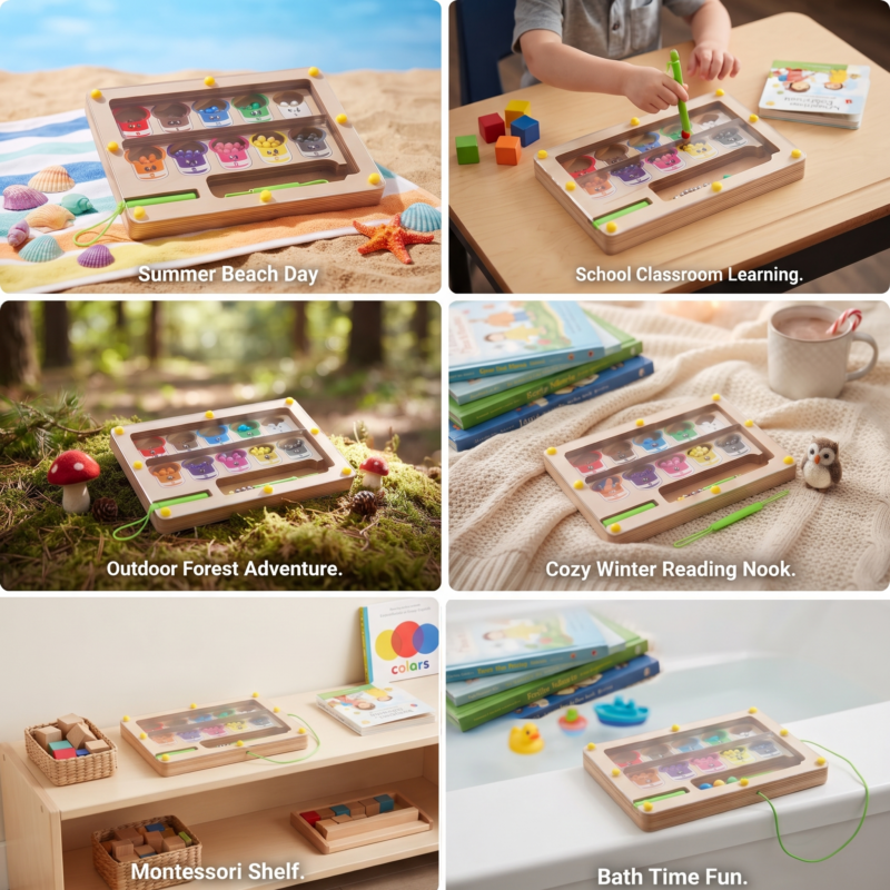 Color Sorting Maze Wooden Number and Color Counting Board Puzzle, Fine Motor Skills Toy, Cute Birthday Gift for Boys and Girls, Halloween/Thanksgiving/Christmas/Easter Gift 6 A six panel grid image showing the wooden color sorting maze toy in various environments: Summer Beach Day, School Classroom Learning, Outdoor Forest Adventure, Cozy Winter Reading Nook, Learn Play Grow Gift Box, and Precision Tracks Macro.