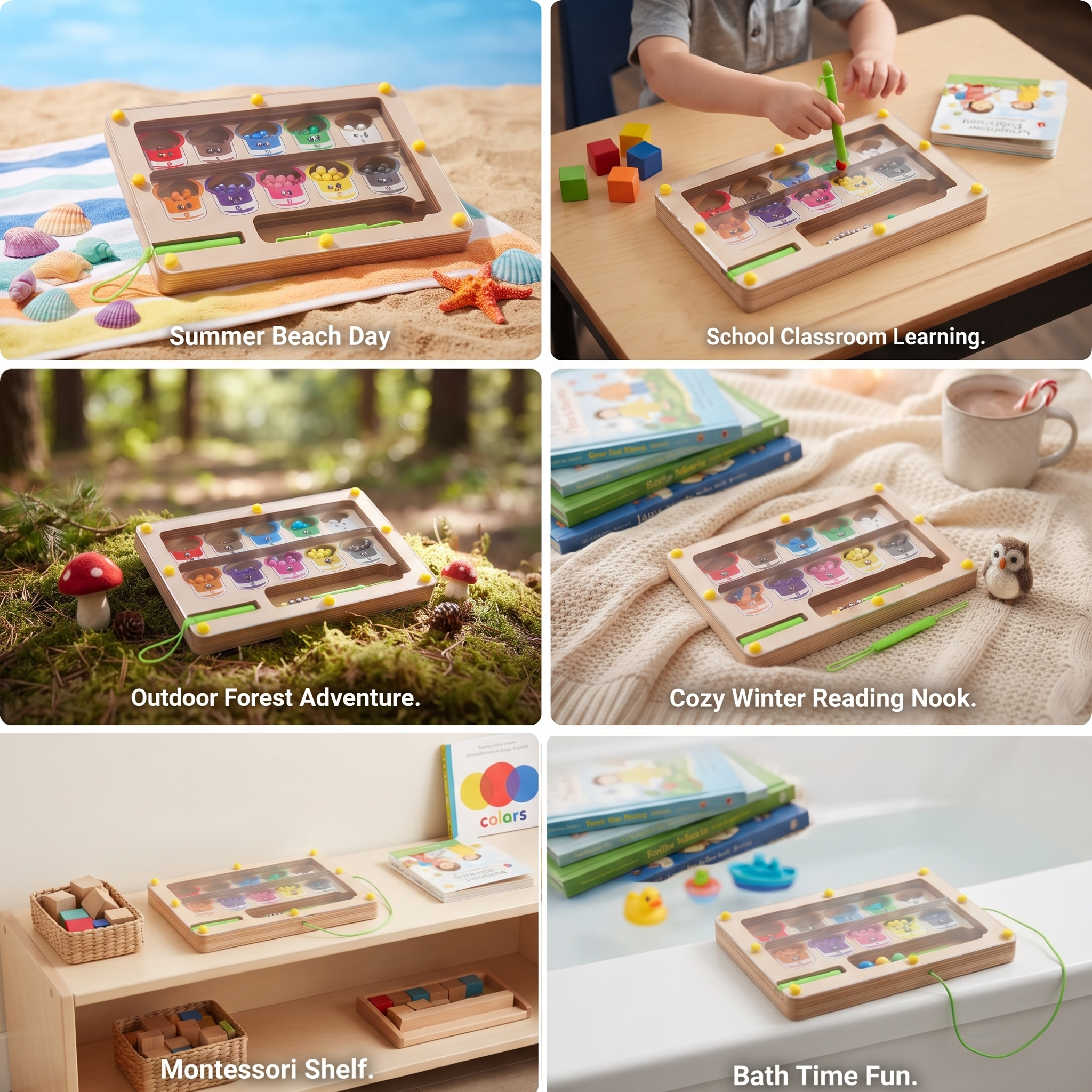 Color Sorting Maze Wooden Number and Color Counting Board Puzzle, Fine Motor Skills Toy, Cute Birthday Gift for Boys and Girls, Halloween/Thanksgiving/Christmas/Easter Gift 9 A six panel grid image showing the wooden color sorting maze toy in various environments: Summer Beach Day, School Classroom Learning, Outdoor Forest Adventure, Cozy Winter Reading Nook, Learn Play Grow Gift Box, and Precision Tracks Macro.