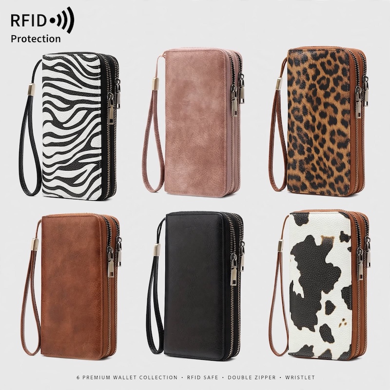 Studio grid showcase featuring a 6-piece collection of Large Capacity Wallet with RFID Blocking styles in different designs and colors.