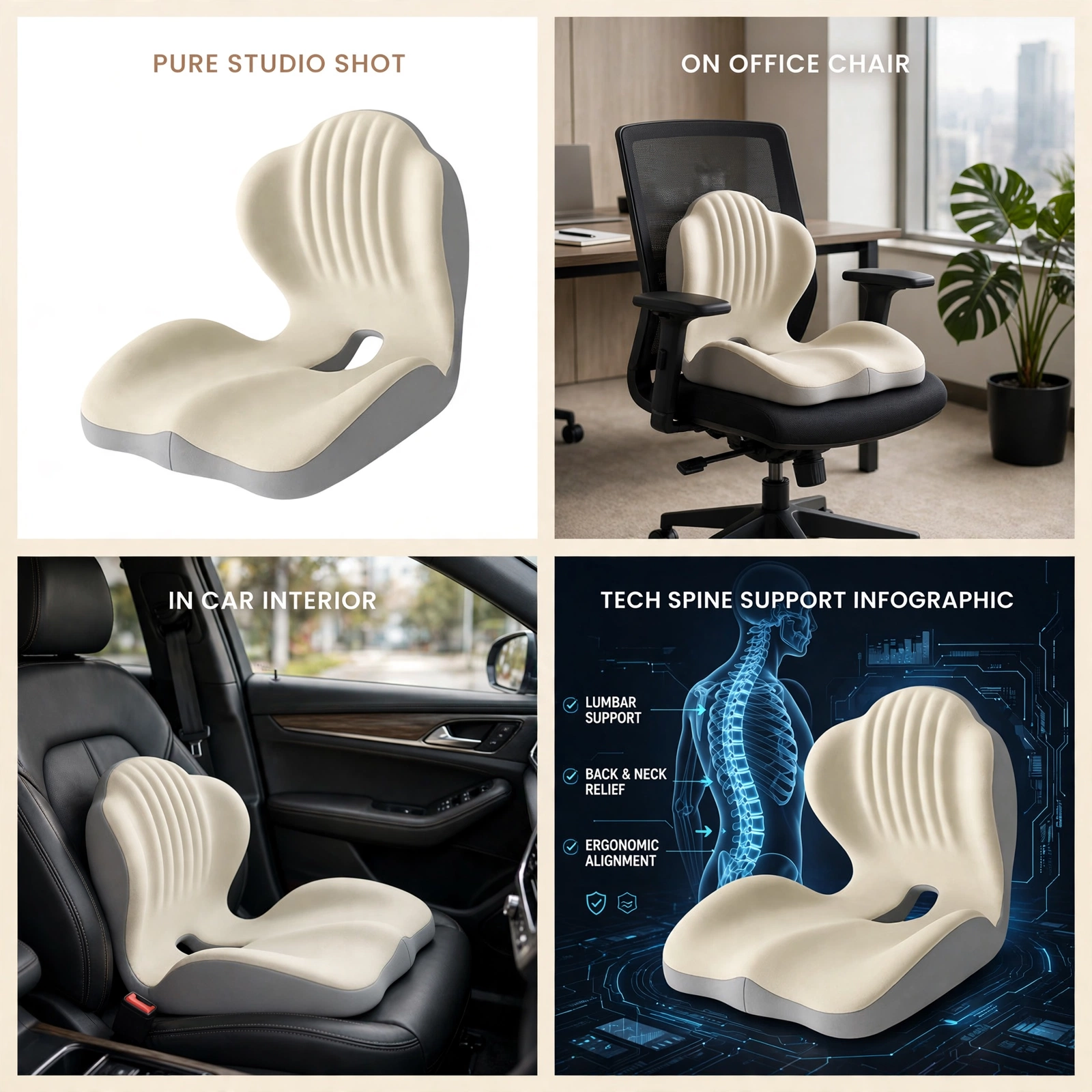 1pc Shell-Shaped Ergonomic Seat Cushion Soft Comfortable Chair Cushion For Office Chair, Car Seat And Home Use, Supportive Design For Daily And Long Hours Sitting 11 A four-panel collage showing the warm taupe gray color Seat Cushion Soft Comfortable Chair in a pure studio shot, on an office chair, inside a car interior, and with a spine support infographic.