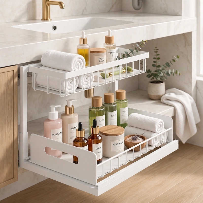 reliable Metal Under Sink Organizers, Pull Out Under Sink Storage Shelves with Sliding Drawer for Kitchen, Bathroom (1pack/2pack) 16 The white 1pack Metal Under Sink Organizers styled inside a luxury bathroom vanity, holding skincare bottles, serums, and rolled towels.