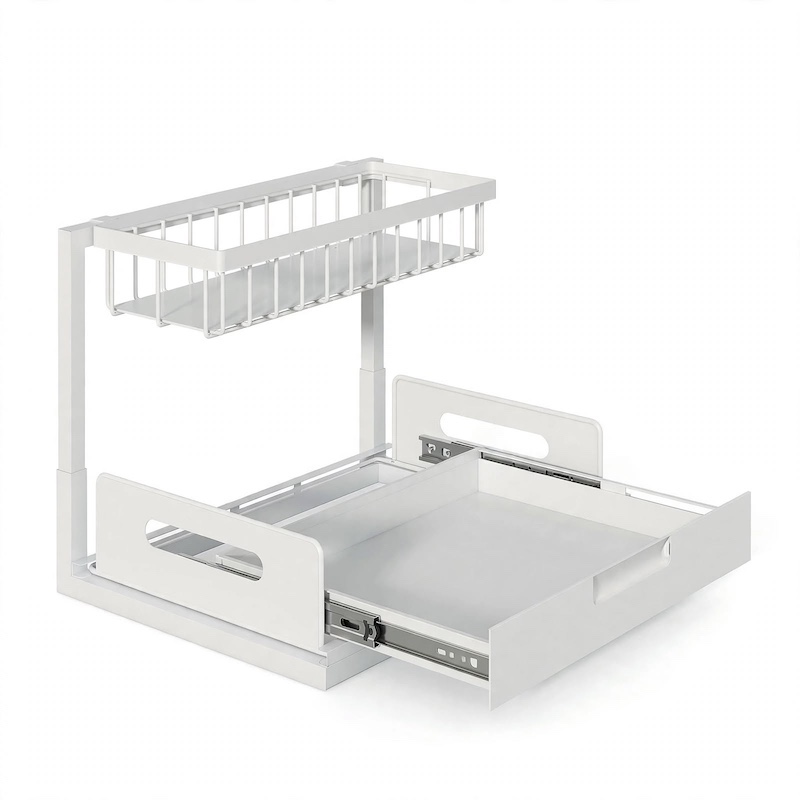 reliable Metal Under Sink Organizers, Pull Out Under Sink Storage Shelves with Sliding Drawer for Kitchen, Bathroom (1pack/2pack) 17 Studio front view of a single white 1pack Metal Under Sink Organizers unit featuring a smooth sliding lower drawer and upper wire shelf.