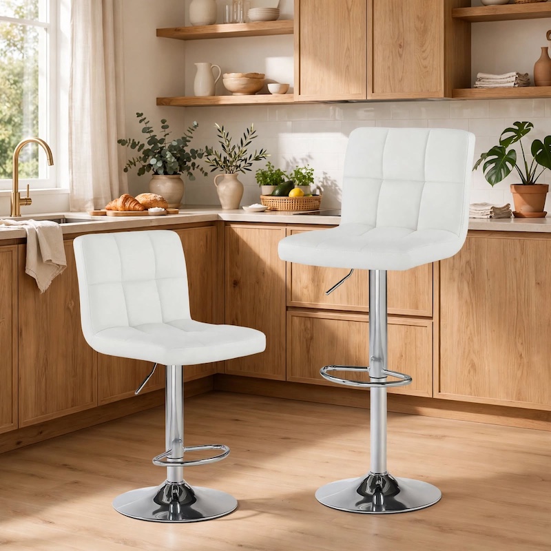 comfortable MCQ Bar Stools Set Armless Adjustable Swivel Barstools, PU Leather Hydraulic Kitchen Counter Height Bar Stools, Thickened Seat Cushion with Back 3 Modern kitchen interior featuring a white 2 pack bar stools set armless adjustable placed by a wooden counter.