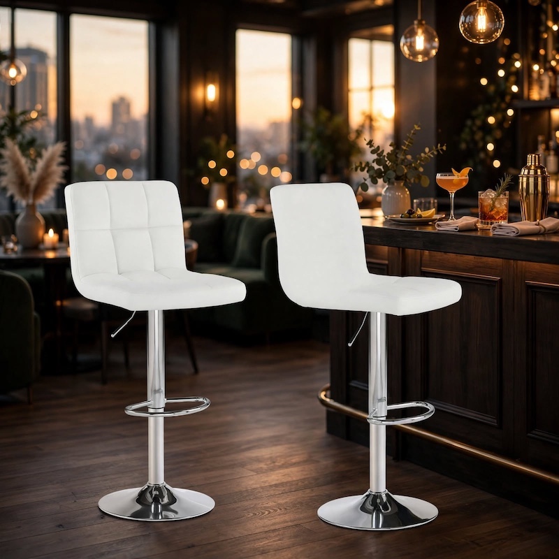 comfortable MCQ Bar Stools Set Armless Adjustable Swivel Barstools, PU Leather Hydraulic Kitchen Counter Height Bar Stools, Thickened Seat Cushion with Back 27 Luxurious bar lounge at sunset showcasing a white 2 pack bar stools set armless adjustable.
