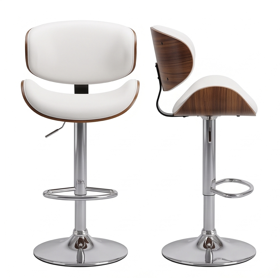 useful Swivel Bar Stools Set Of 2 Seat, Set Of 1 And 4 Seat, Adjustable Height 24.5-33.5in, Wooden Barstools PU Leather Upholstered Bar Chairs with Back & Footrest for Bar Kitchen Dining Room 16 Two modern chairs from the white color bar stools set of 1 and 2 seat collection isolated on a plain white background showing one chair facing forward and the other turned to a 90 degree side profile to reveal the wood grain outline and cushion curves