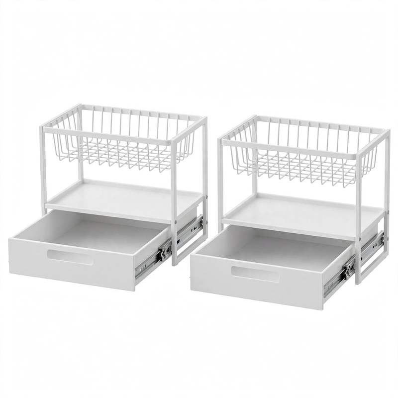 reliable Metal Under Sink Organizers, Pull Out Under Sink Storage Shelves with Sliding Drawer for Kitchen, Bathroom (1pack/2pack) 18 Studio front view of two white 2pack Metal Under Sink Organizers featuring smooth sliding lower drawers and upper wire baskets.