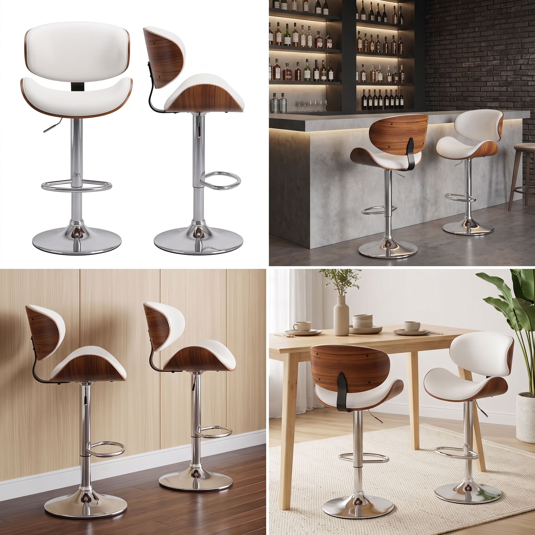 useful Swivel Bar Stools Set Of 2 Seat, Set Of 1 And 4 Seat, Adjustable Height 24.5-33.5in, Wooden Barstools PU Leather Upholstered Bar Chairs with Back & Footrest for Bar Kitchen Dining Room 17 A 4 panel staging display for the white color bar stools set of 1 and 2 seat collection showcasing front and profile configurations on a plain white canvas alongside professional setups at a concrete commercial bar counter a modern wood panel wall and a minimalist dining room table