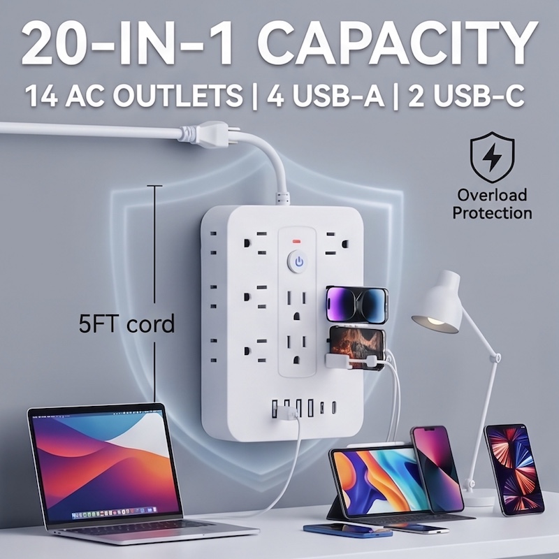 A Multifunctional Power Strip with Overload Protection, Featuring 14 AC Outlets, 4 USB Outputs, And 2 Type-C Outputs. Available in White Or Black, with Options for Short, 5FT, Or 10FT Extension Cords. It Includes Dual Side Sockets 46 A fully populated white color Multifunctional Power Strip with multiple varied plugs connected, sitting on a surface. Text overlay at the top reads "1. EXTENSIVE CAPACITY" and "20-IN-1" with a detailed list: "14 AC Outlets, 4 USB-A, 2 USB-C". The power strip has a 5FT cord, and an inset shows "Overload Protection".