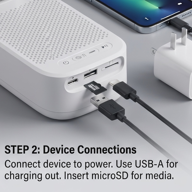 NewRixing 6W Wireless Speaker with Phone Holder, TWS Dual Pairing, 1800mAh Battery, Hands-Free Calling, Portable Power Bank, 6-Hour Playtime, Hi-Fi Sound Quality, Loud Stereo & Deep Bass, USB-C Charging, Indoor/Outdoor Use, Adjustable Stand, Durable 32 mrali white STEP 2 Device Connections