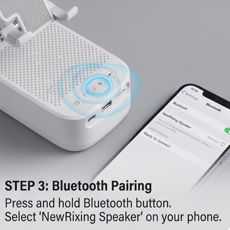 NewRixing 6W Wireless Speaker with Phone Holder, TWS Dual Pairing, 1800mAh Battery, Hands-Free Calling, Portable Power Bank, 6-Hour Playtime, Hi-Fi Sound Quality, Loud Stereo & Deep Bass, USB-C Charging, Indoor/Outdoor Use, Adjustable Stand, Durable 33 mrali white STEP 3 Bluetooth Pairing