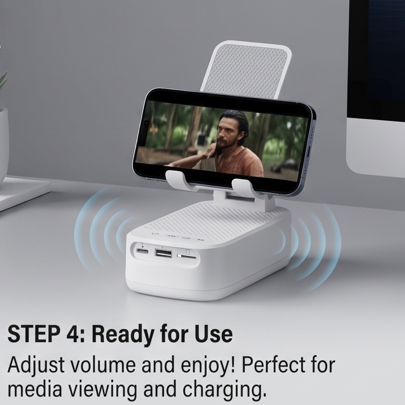 NewRixing 6W Wireless Speaker with Phone Holder, TWS Dual Pairing, 1800mAh Battery, Hands-Free Calling, Portable Power Bank, 6-Hour Playtime, Hi-Fi Sound Quality, Loud Stereo & Deep Bass, USB-C Charging, Indoor/Outdoor Use, Adjustable Stand, Durable 34 mrali white STEP 4 Ready for Use