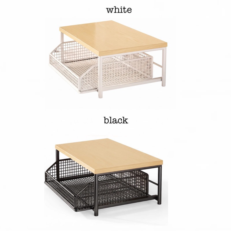 Studio comparison showing white and black color options of the Vertical Shelf for Kitchen Microwave with wooden tops and sliding mesh drawers.