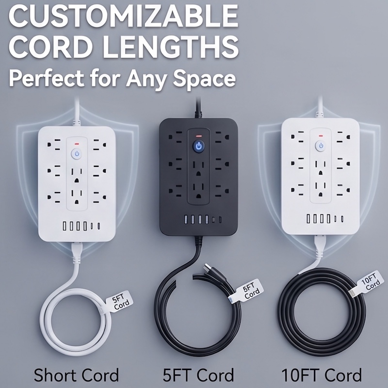 Three vertical Multifunctional Power Strips are lined up against a light gray background with a glowing shield graphic. The first is white with a "Short Cord," the second is black with a "5FT Cord," and the third is white with a "10FT Cord." The cords for the 5FT and 10FT versions are neatly coiled below their respective strips.