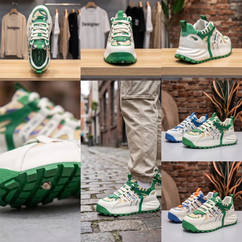 A product info grid grid featuring 9 separate close up shots of white green Casual Height-Increasing sneakers demonstrating sole traction patterns lacing close ups style matching tips and view angles