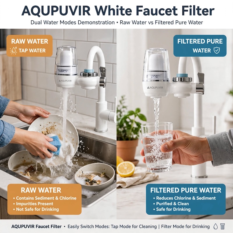 exclusive Faucet Mount Water Filtration, 264 Gallons Water Faucet Mount Filtration System, Dual Head Switching with Water Temperature And Life Dual Display for Tap Water Reduces Lead Chlorine, Heavy Metals (23psc Combination) 8 Split-screen infographic demonstrating raw tap water for cleaning dishes versus filtered pure water for drinking from the white color Faucet Mount Water Filtration system.